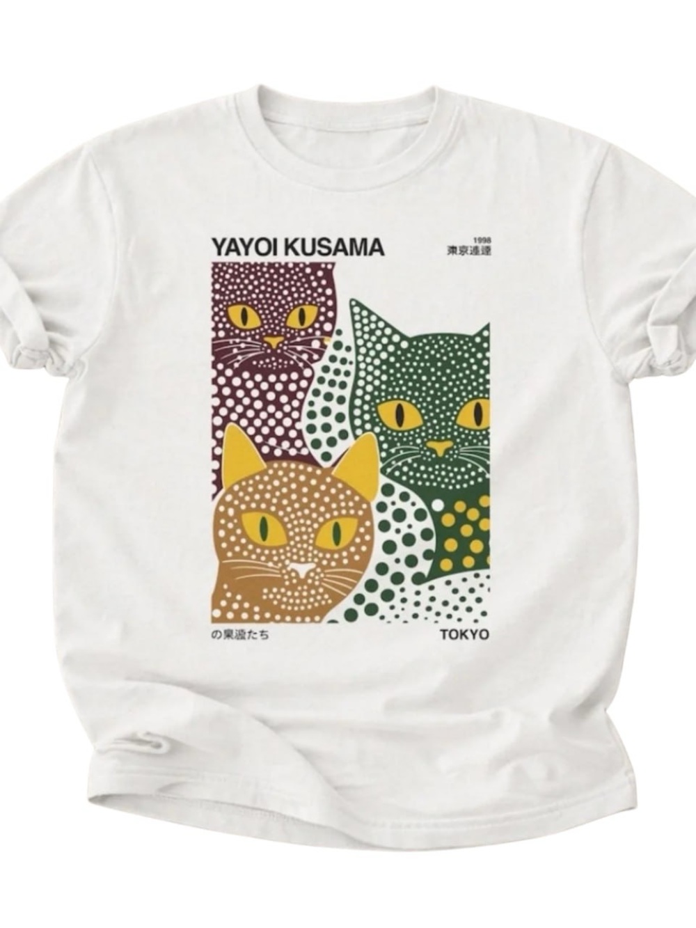 White Tee with Multicolor Dot Cat Trio Graphic